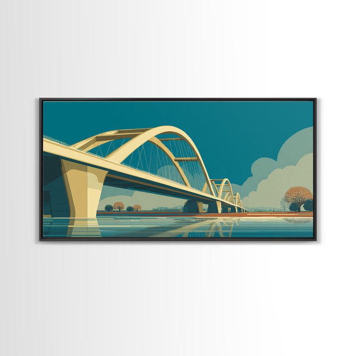 Modern Arched Bridge Reflection Canvas Print, Midcentury Landscape Wall Art, Architectural Calm Water Decor For Living Room