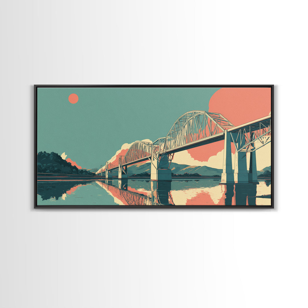 Retro Steel Bridge Sunset Wall Art, Midcentury Modern Landscape Print, Teal Orange Travel Poster, Living Room Home Office Decor
