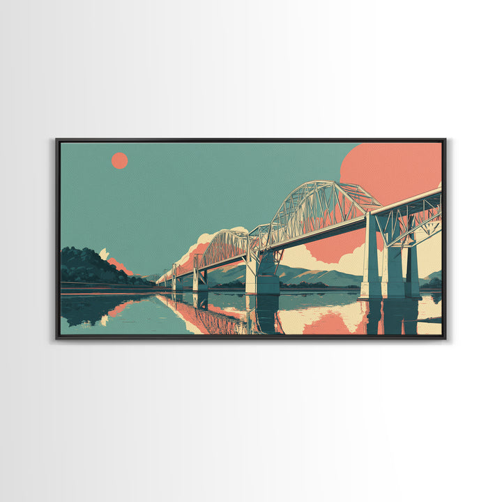Retro Steel Bridge Sunset Wall Art, Midcentury Modern Landscape Print, Teal Orange Travel Poster, Living Room Home Office Decor