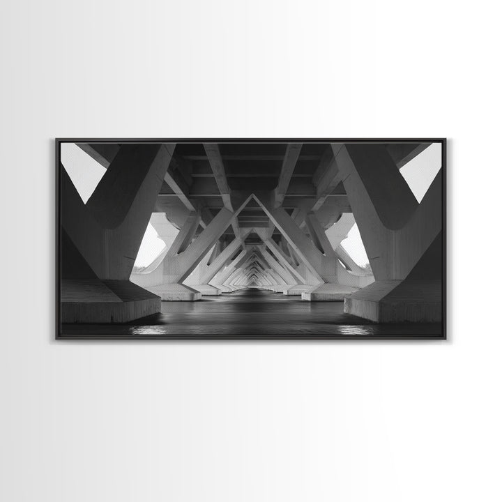 Black And White Bridge Underside Canvas Print, Architectural Art, Geometric Perspective, Modern Wall Decor For Office Study
