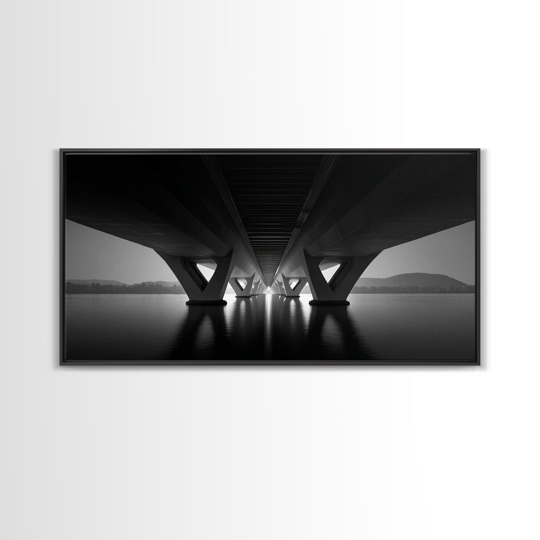 Moody Bridge Underpass Wall Art, Black And White Architectural Photography Print, Geometric Lines, Masculine Office Decor