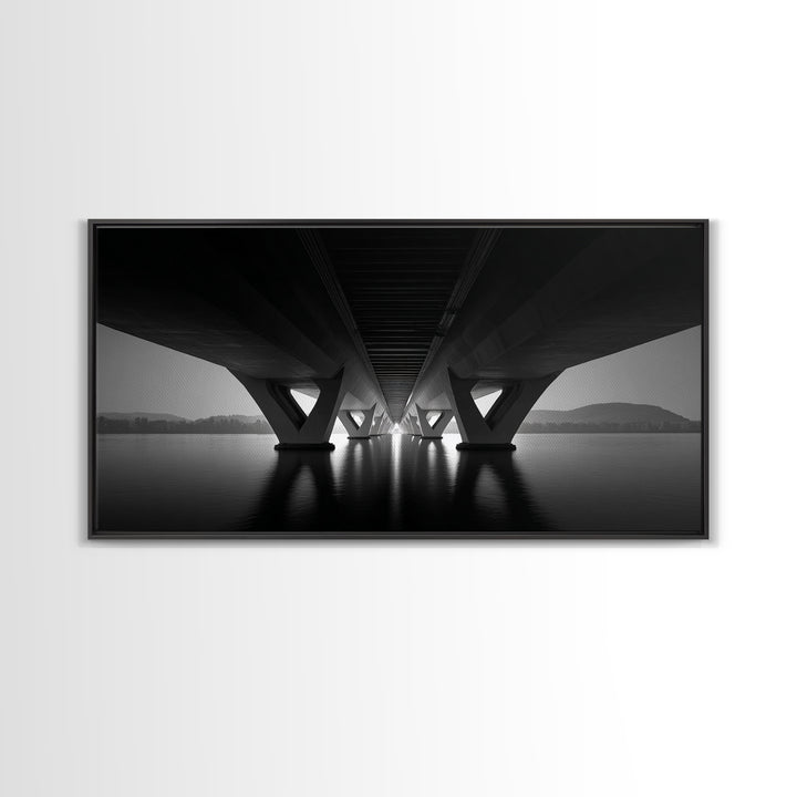 Moody Bridge Underpass Wall Art, Black And White Architectural Photography Print, Geometric Lines, Masculine Office Decor