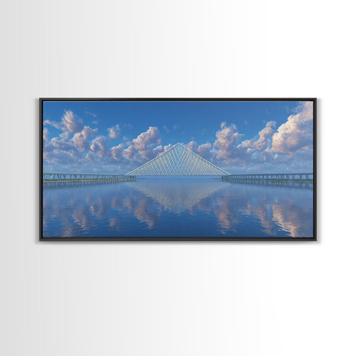 Blue Cable Bridge Reflection Wall Art, Serene Modern Landscape Print, Coastal Water Travel Poster, Living Room Office Decor
