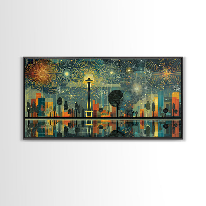 Seattle Space Needle Fireworks Wall Art, Midcentury Modern Cityscape Print, Retro Skyline Poster, Living Room Office Decor