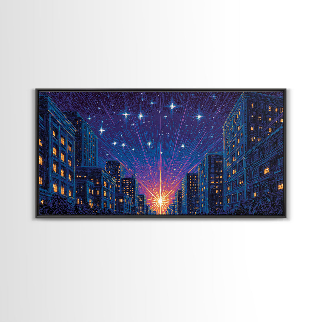 Urban Starburst City Street Wall Art, Modern Night Skyline Print, Blue Orange Retro Poster, Apartment And Office Decor Gift