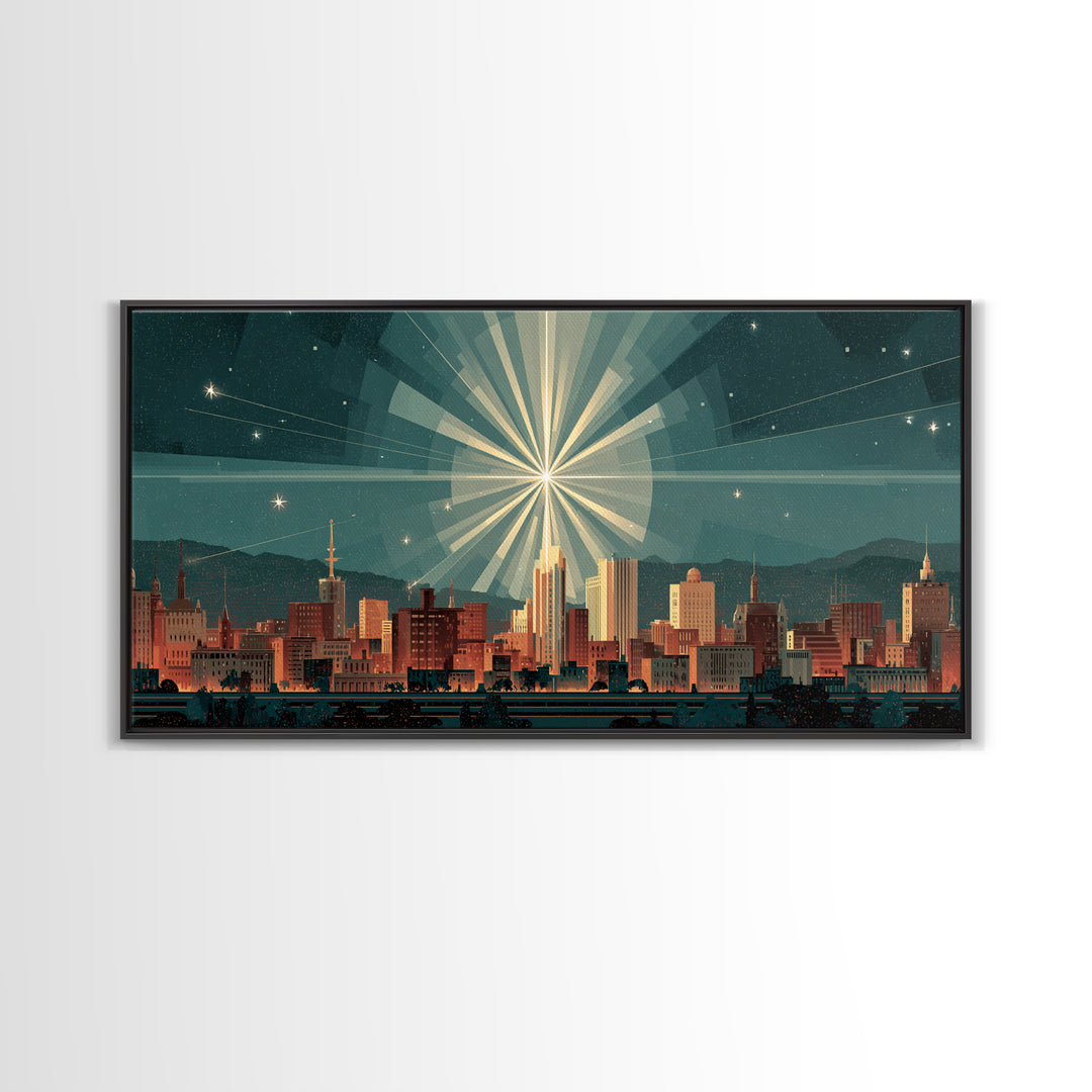 Art Deco City Skyline Wall Art, Geometric Sunburst Night Print, Midcentury Modern Poster, Teal Neutral Living Room Office Decor