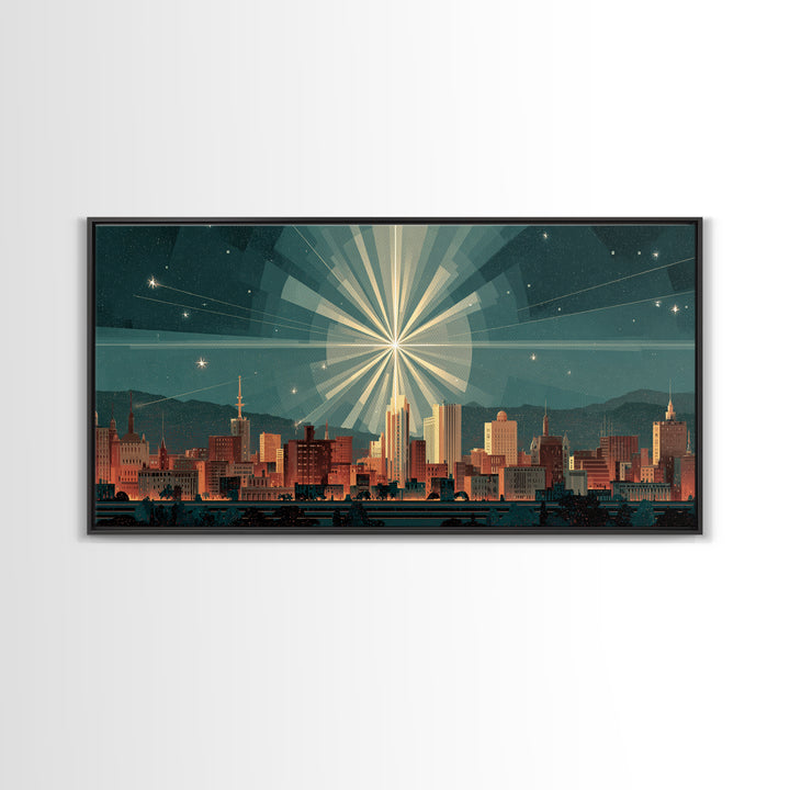 Art Deco City Skyline Wall Art, Geometric Sunburst Night Print, Midcentury Modern Poster, Teal Neutral Living Room Office Decor