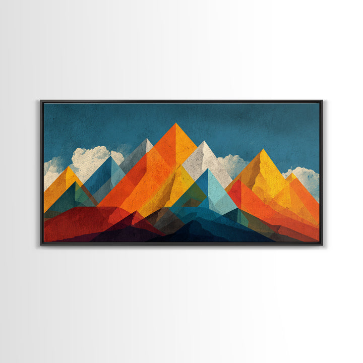 Orange Blue Geometric Mountain Wall Art, Abstract Desert Landscape Print, Midcentury Modern Poster, Bold Home Office Decor