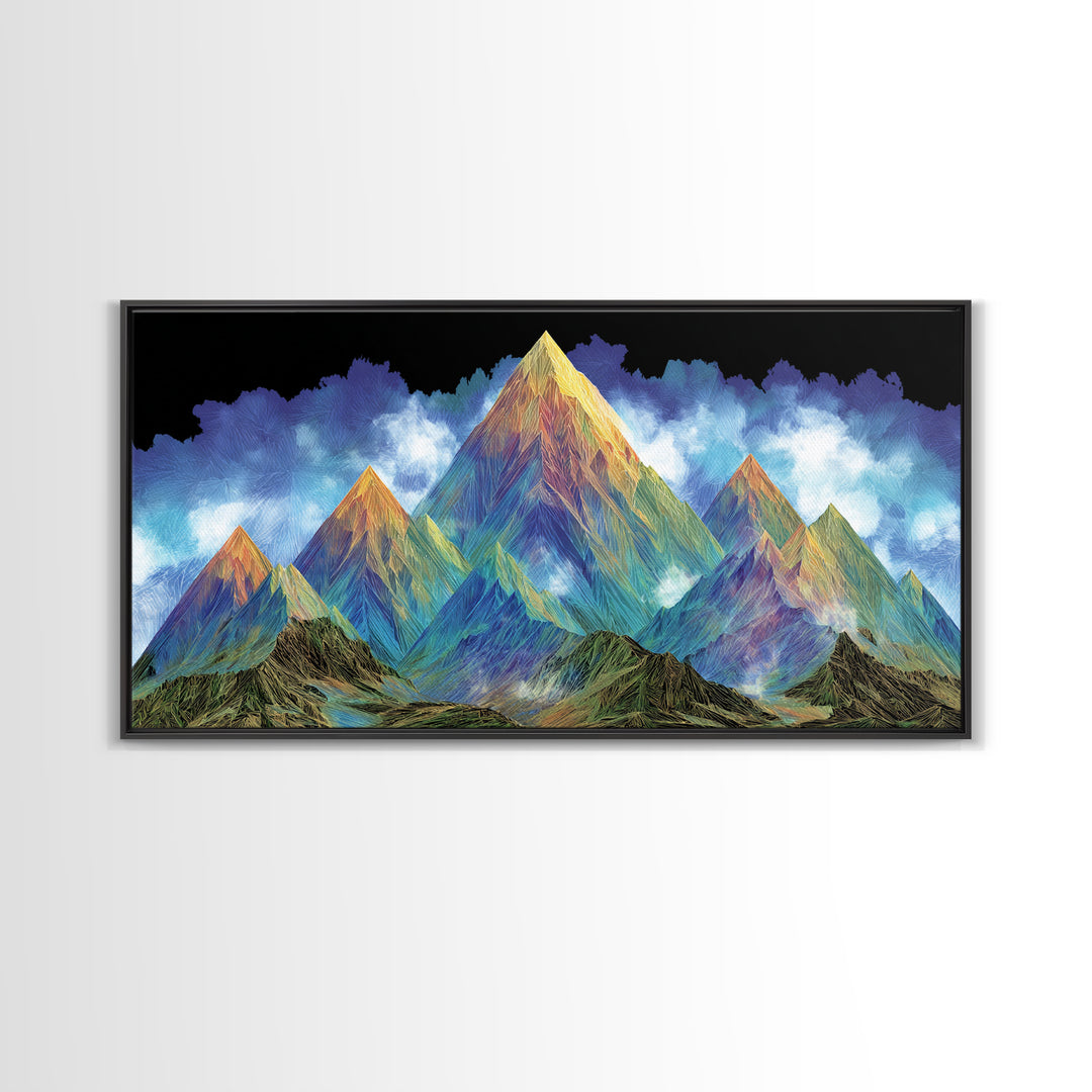 Vibrant Rainbow Mountain Wall Art, Colorful Abstract Landscape Print, Modern Psychedelic Poster, Large MCM Living Room Decor