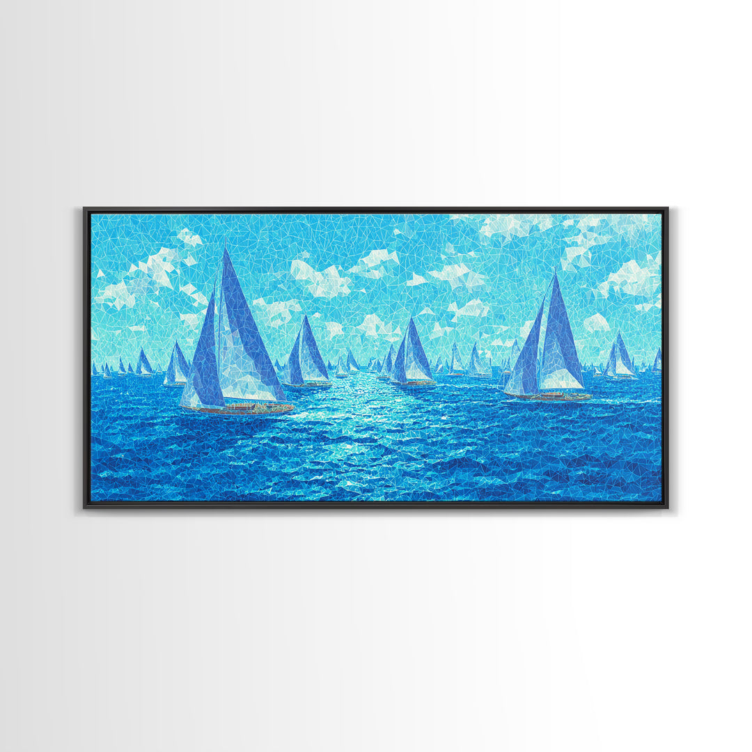 Bright Blue Sailboats Wall Art, Ocean Regatta Canvas Print, Coastal Modern Nautical Poster, Beach House Living Room Decor
