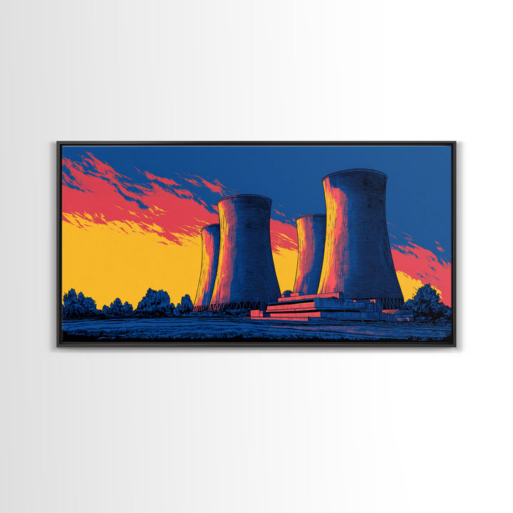 Pop Art Cooling Towers Canvas Print, Neon Sunset Industrial Landscape, Retro Modern Wall Art, Bold MCM Man Cave Office Decor