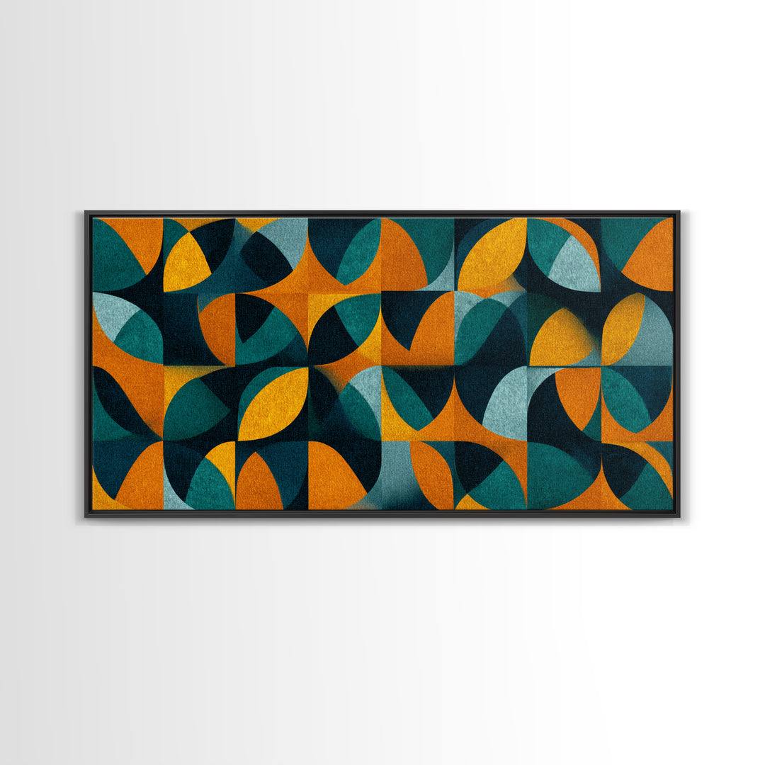 Teal And Ochre Petal Geometry With Circles Framed Canvas Print, Midcentury Modern Wall Art, Atomic Retro Pattern Decor Poster