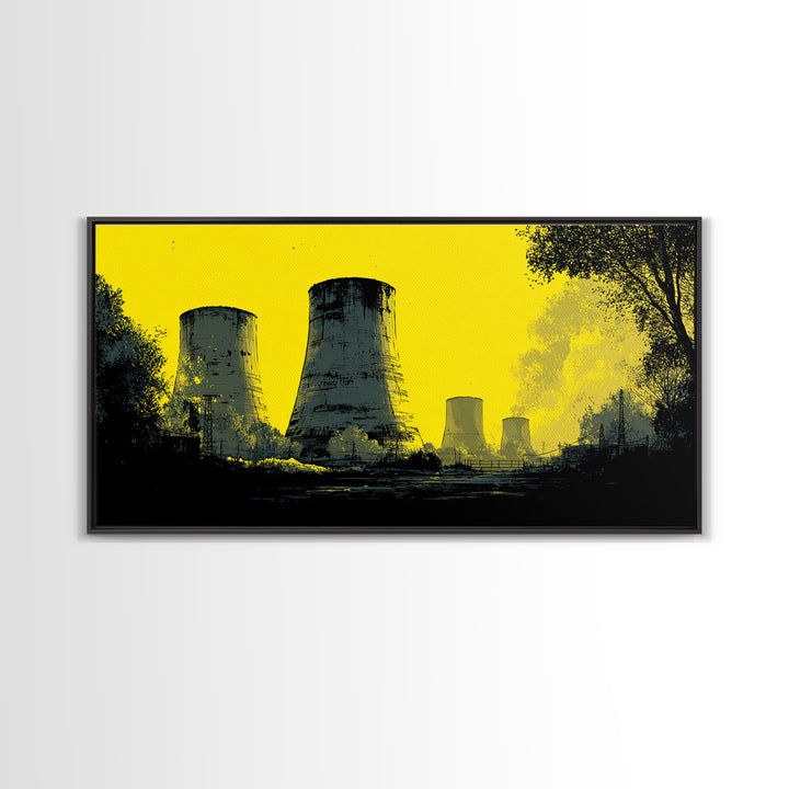 Yellow Nuclear Cooling Towers Wall Art, Industrial Landscape Print, Retro Sci Fi Poster, Modern Wall Decor, Statement Artwork