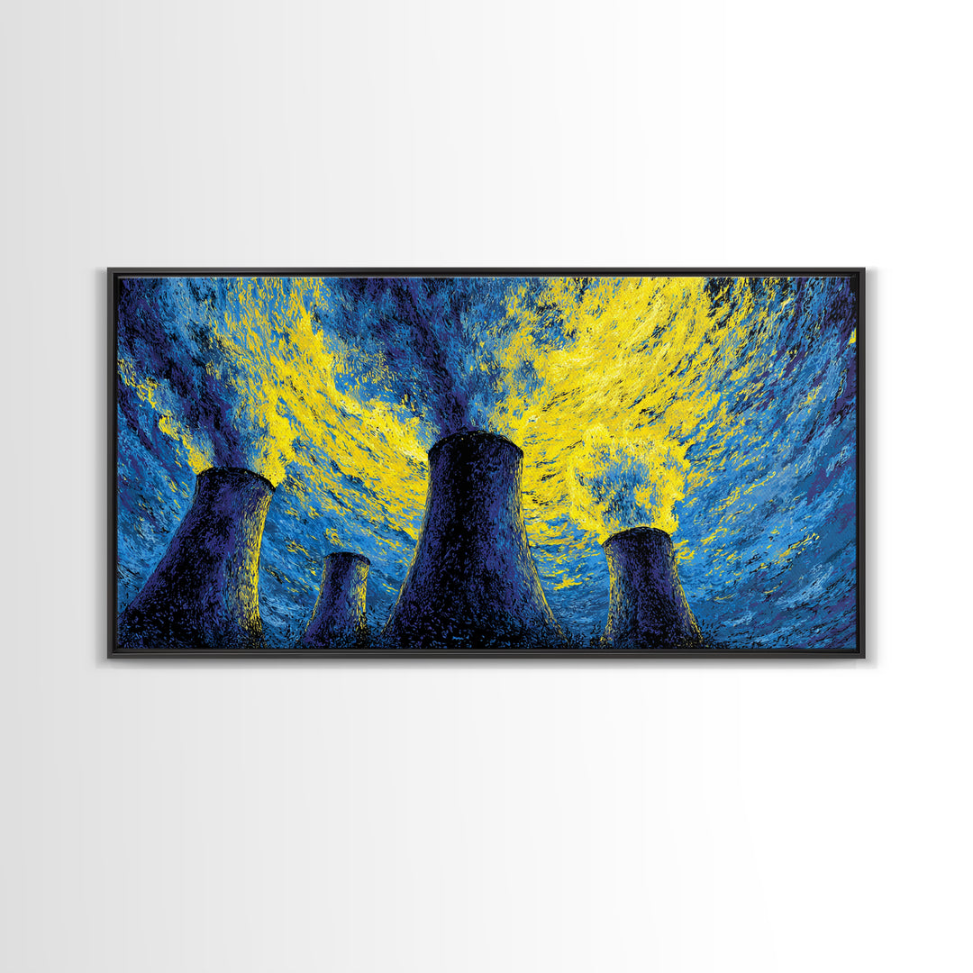 Blue Yellow Cooling Towers Canvas Print, Industrial Night Sky Wall Art, Modern Abstract Decor, Retro Sci Fi Poster Print