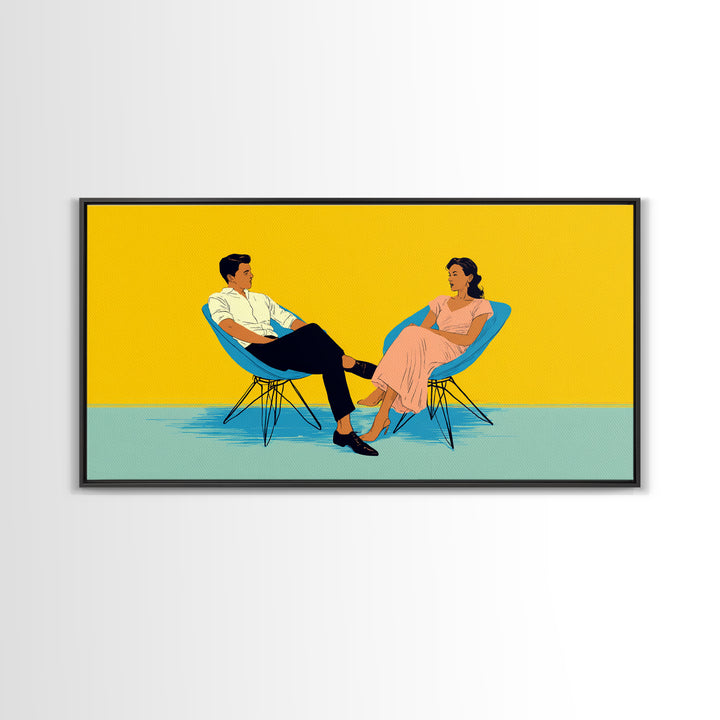 Midcentury Couple In Blue Chairs Canvas Print, Retro Modern Wall Art, MCM Lounge Decor, Colorful Living Room Poster Art Print