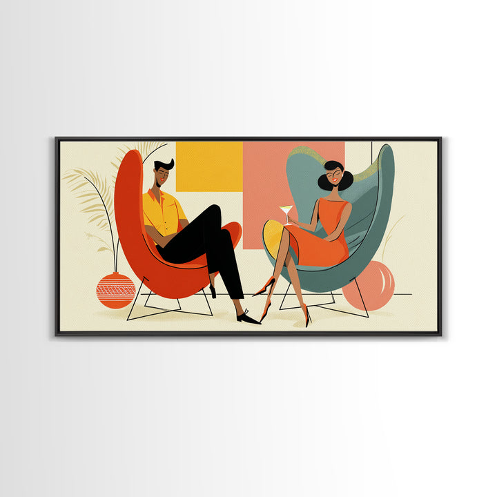 Midcentury Cocktail Lounge Framed Canvas Print, Stylish Couple Wall Art, Retro MCM Decor, Modern Living Room Poster Art Print