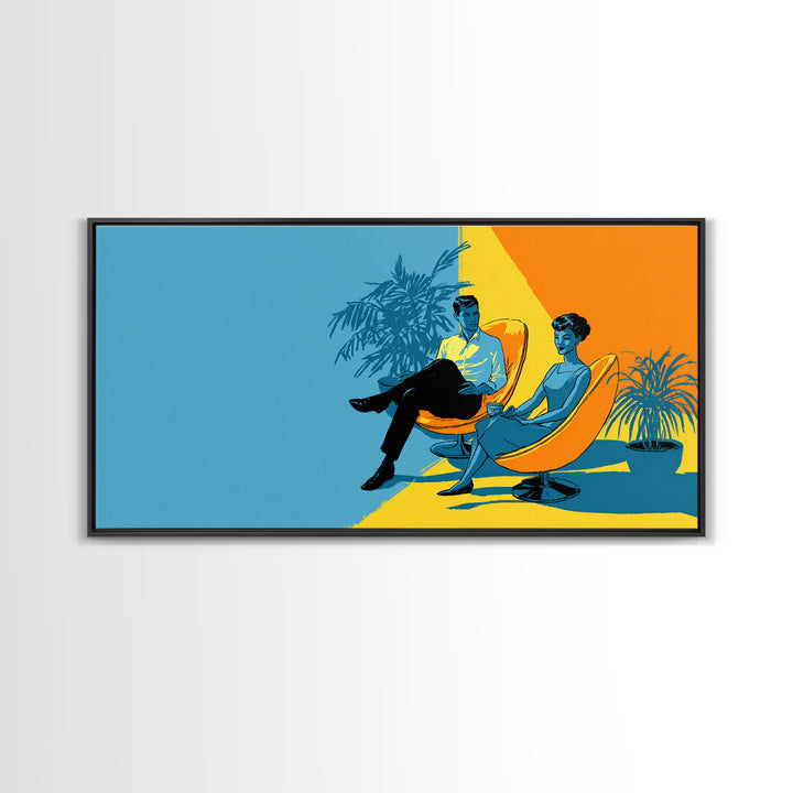 Midcentury Couple With Palm Plant Wall Art, Retro Lounge Chair Illustration, Modern MCM Decor, Colorful Home Poster Art Print