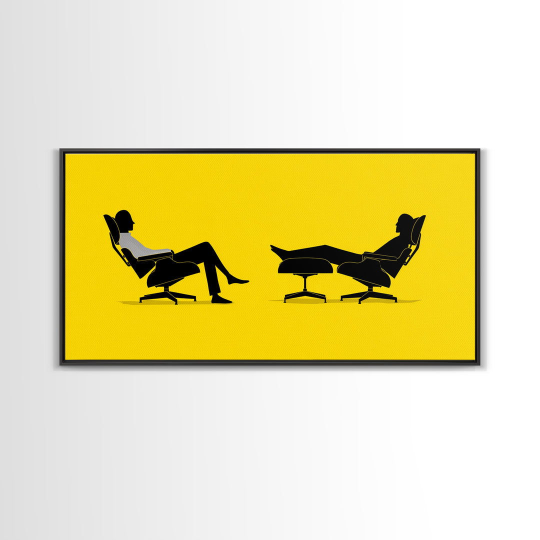 Yellow Midcentury Lounge Chairs Canvas Print, Minimal Couple Silhouette Wall Art, Retro Modern MCM Living Room Decor Poster