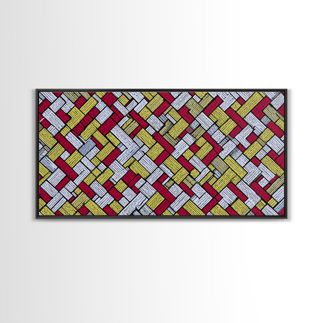 Red Yellow Herringbone Brick Pattern Canvas Print, Retro Geometric Wall Art, Mid Century Modern Decor For Kitchen Office