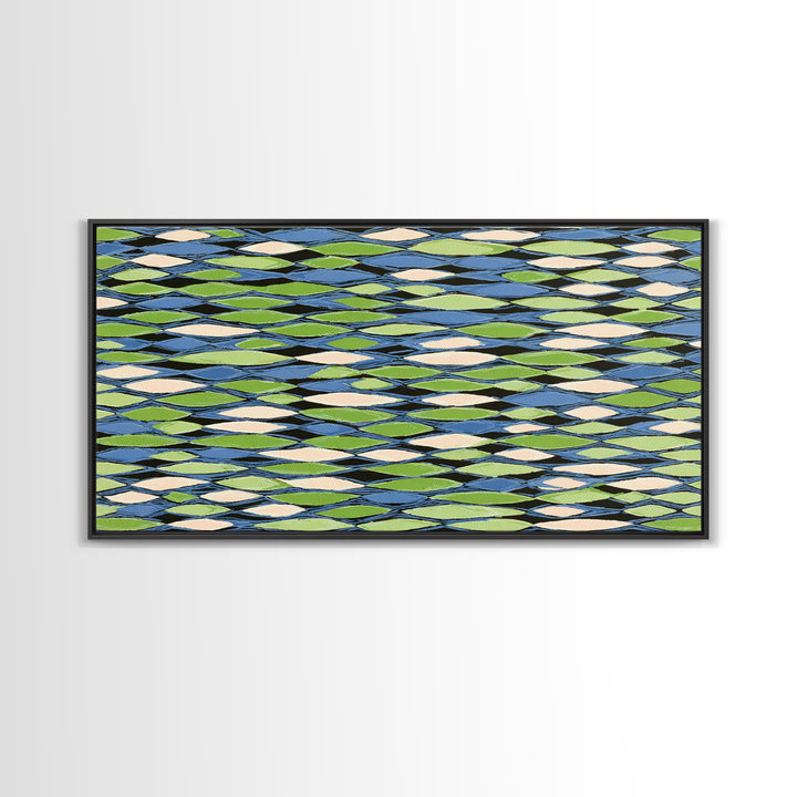 Blue Green Cream Diamond Lattice Wall Art, Scandinavian Modern Geometric Print, Mid Century Decor For Living Room Office