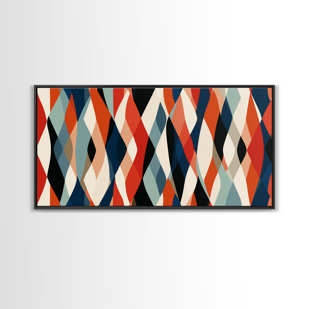 Red Teal Cream Wavy Diamond Pattern Framed Canvas Print, Retro Modern Abstract Wall Art, Mid Century Decor For Living Room