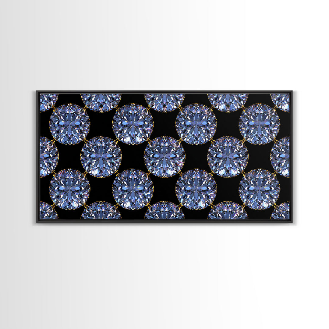 Blue Diamond Gemstone Circle Pattern Framed Canvas Print, Glam Modern Wall Art, Geometric Decor For Bedroom Vanity Office