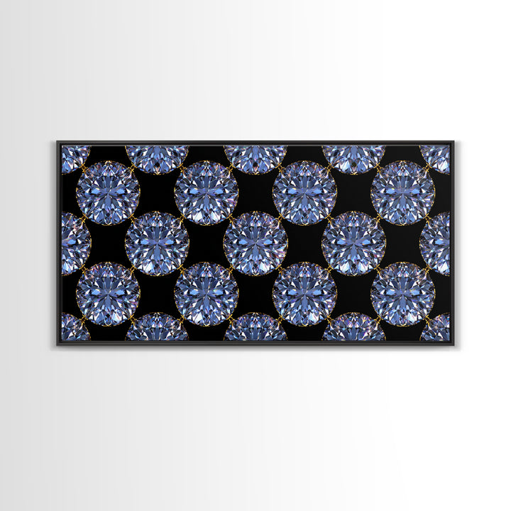 Blue Diamond Gemstone Circle Pattern Framed Canvas Print, Glam Modern Wall Art, Geometric Decor For Bedroom Vanity Office