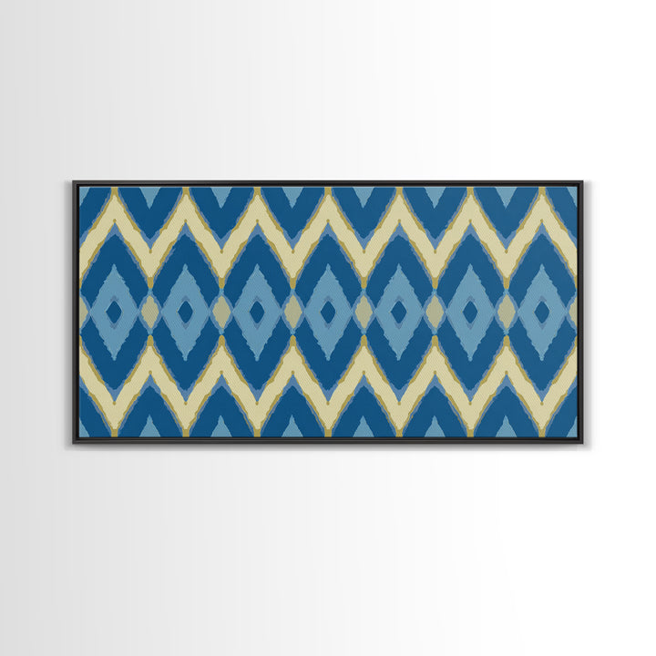 Blue Gold Ikat Chevron Diamond Wall Art, Scandinavian Modern Geometric Print, Mid Century Decor For Bedroom Living Room Home