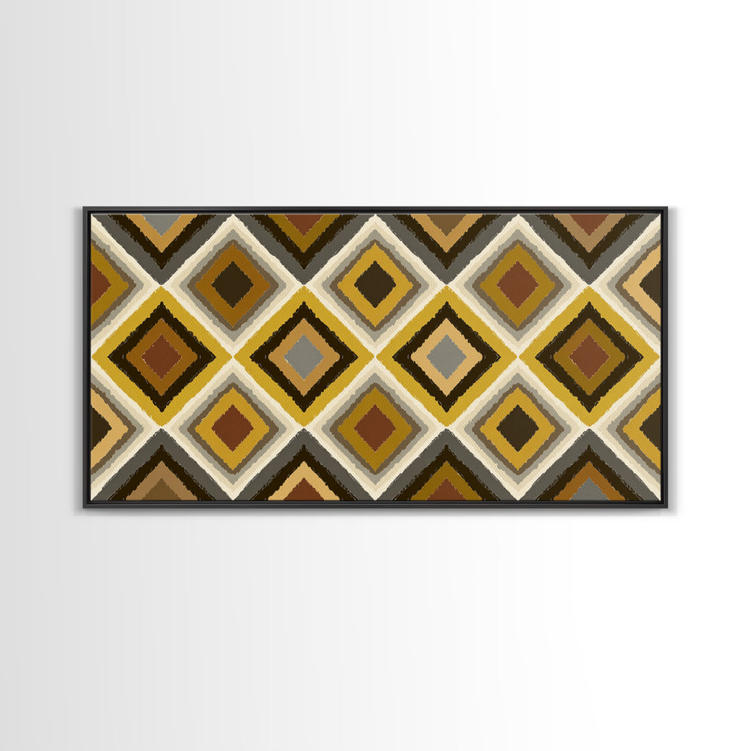 Brown Gold Gray Retro Diamond Pattern Canvas Print, Mid Century Modern Wall Art, Geometric MCM Decor For Living Room Office