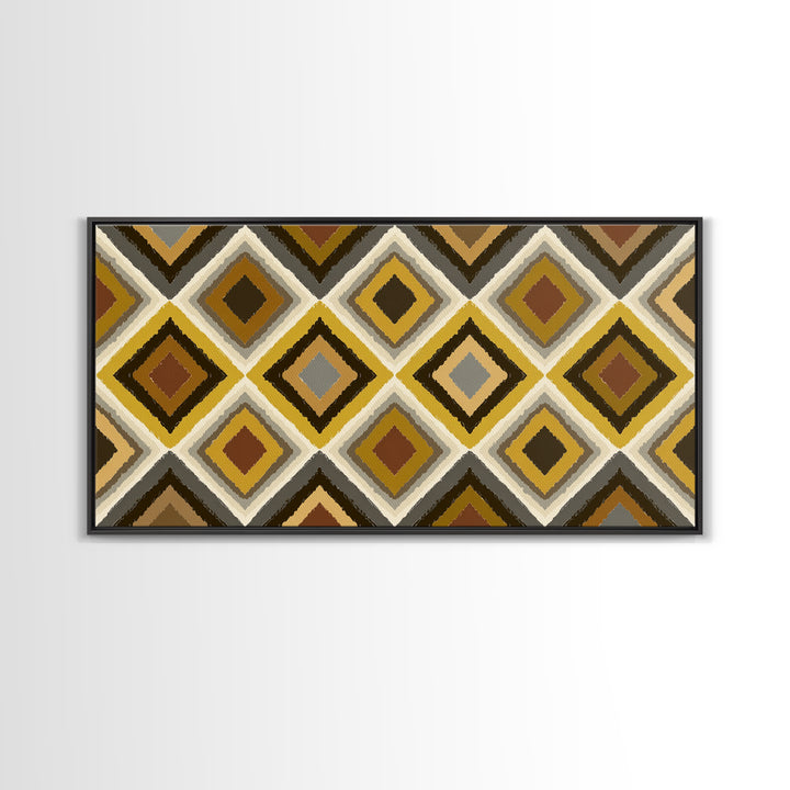 Brown Gold Gray Retro Diamond Pattern Canvas Print, Mid Century Modern Wall Art, Geometric MCM Decor For Living Room Office