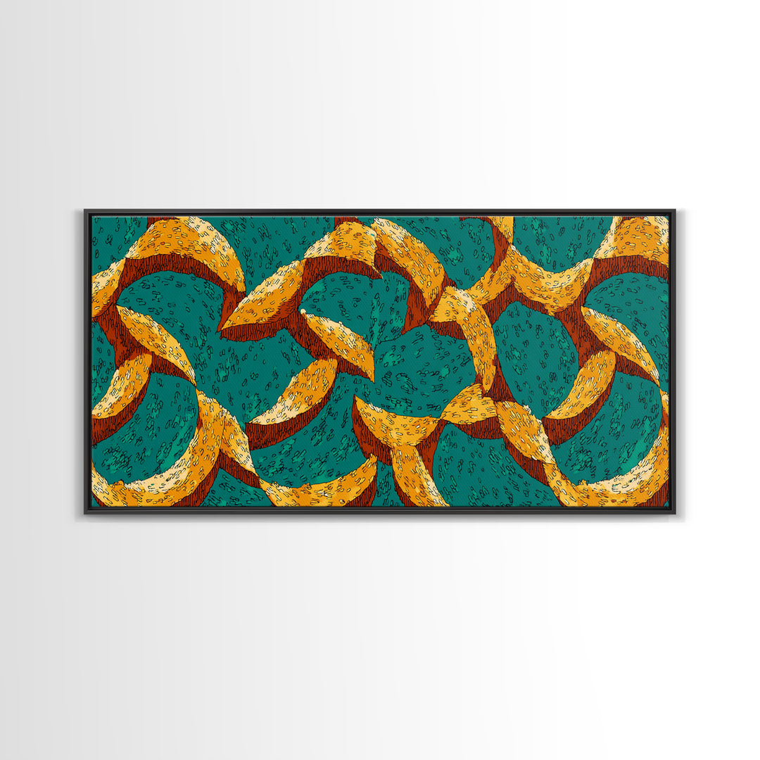 Teal And Mustard Boomerang Atomic Pattern Wall Art, Midcentury Modern Retro Print, Funky Geometric Decor For Home Office