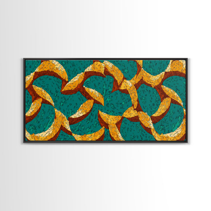 Teal And Mustard Boomerang Atomic Pattern Wall Art, Midcentury Modern Retro Print, Funky Geometric Decor For Home Office