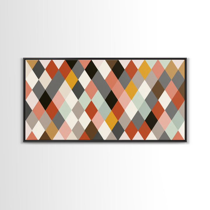 Pastel Orange Gray Harlequin Diamond Wall Art, Mid Century Modern Abstract Print, Geometric MCM Decor For Living Room Office