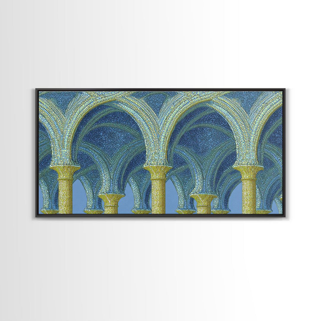 Blue Gold Mosaic Vaulted Arches Framed Canvas Print, Architectural Art, Modern Wall Decor, Midcentury Abstract Art, Blue Art Print