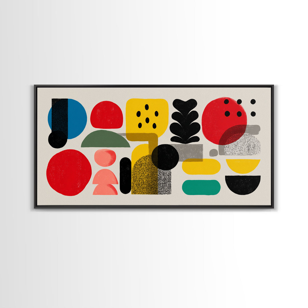 Playful Bauhaus Shapes And Plant Canvas Print, Midcentury Modern Wall Art, Colorful Abstract Decor, Modern Art Print, Home Office Art