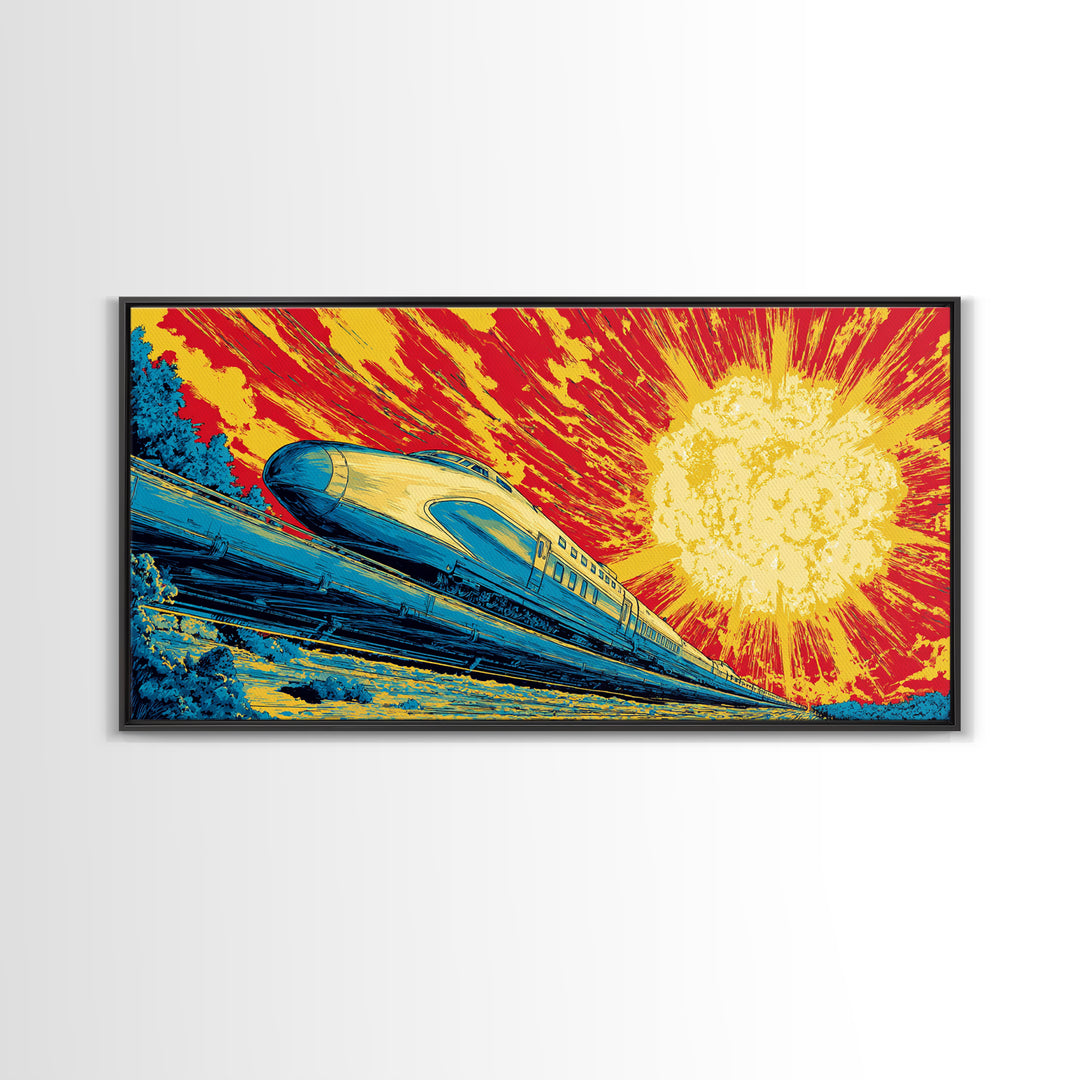 Streamlined Bullet Train Canvas Print, Blazing Solar Sky Poster, Retro Sci Fi Travel Art, Midcentury Modern Wall Decor, MCM
