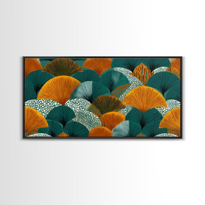Ginkgo Fan Leaves In Teal Mustard And Aqua Canvas Print, Midcentury Modern Botanical Wall Art, Art Deco Pattern Decor Poster