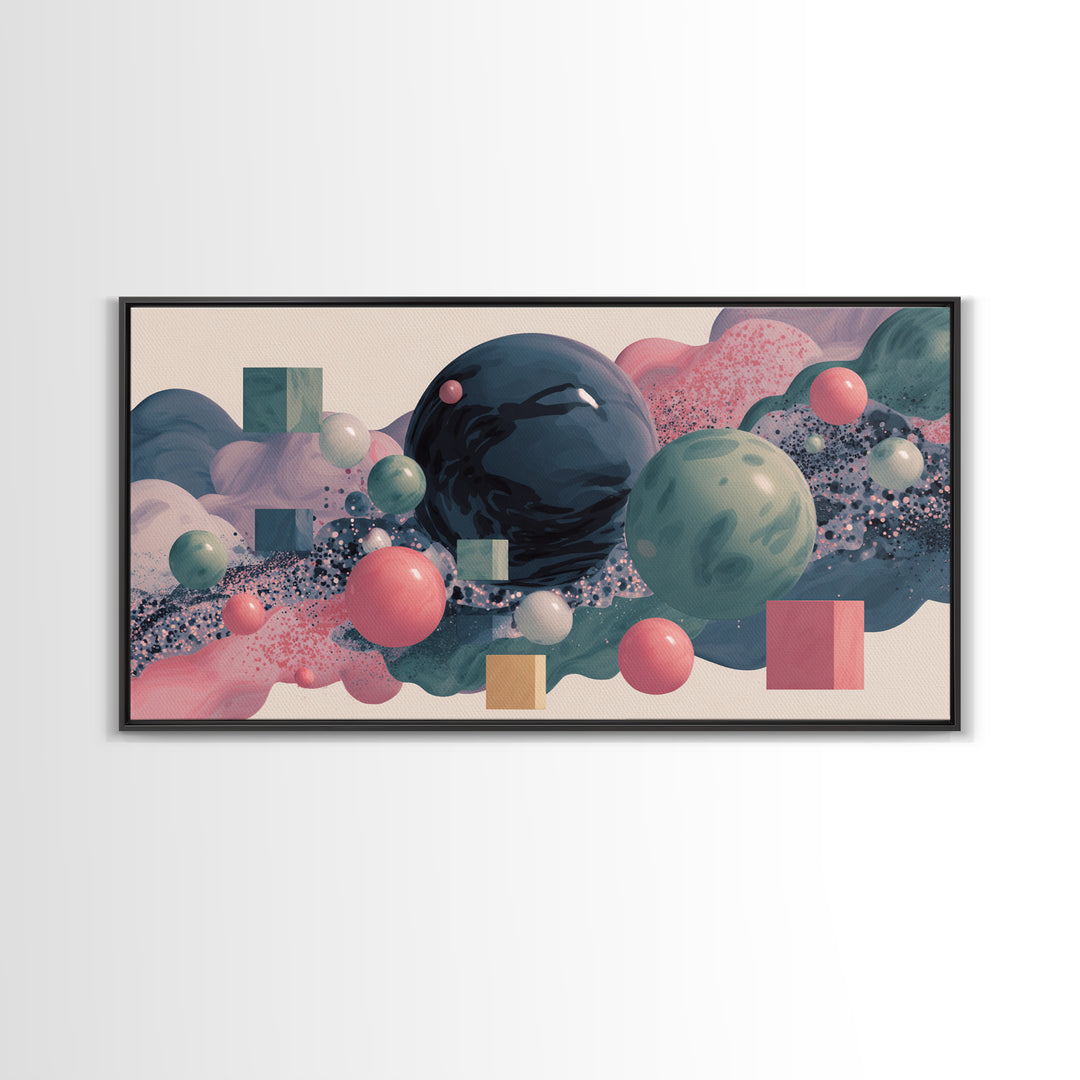 Pastel 3D Spheres And Abstract Cloudscape Framed Canvas Print, Midcentury Modern Wall Art, Retro Modern Home Decor, Gallery Wall Decor