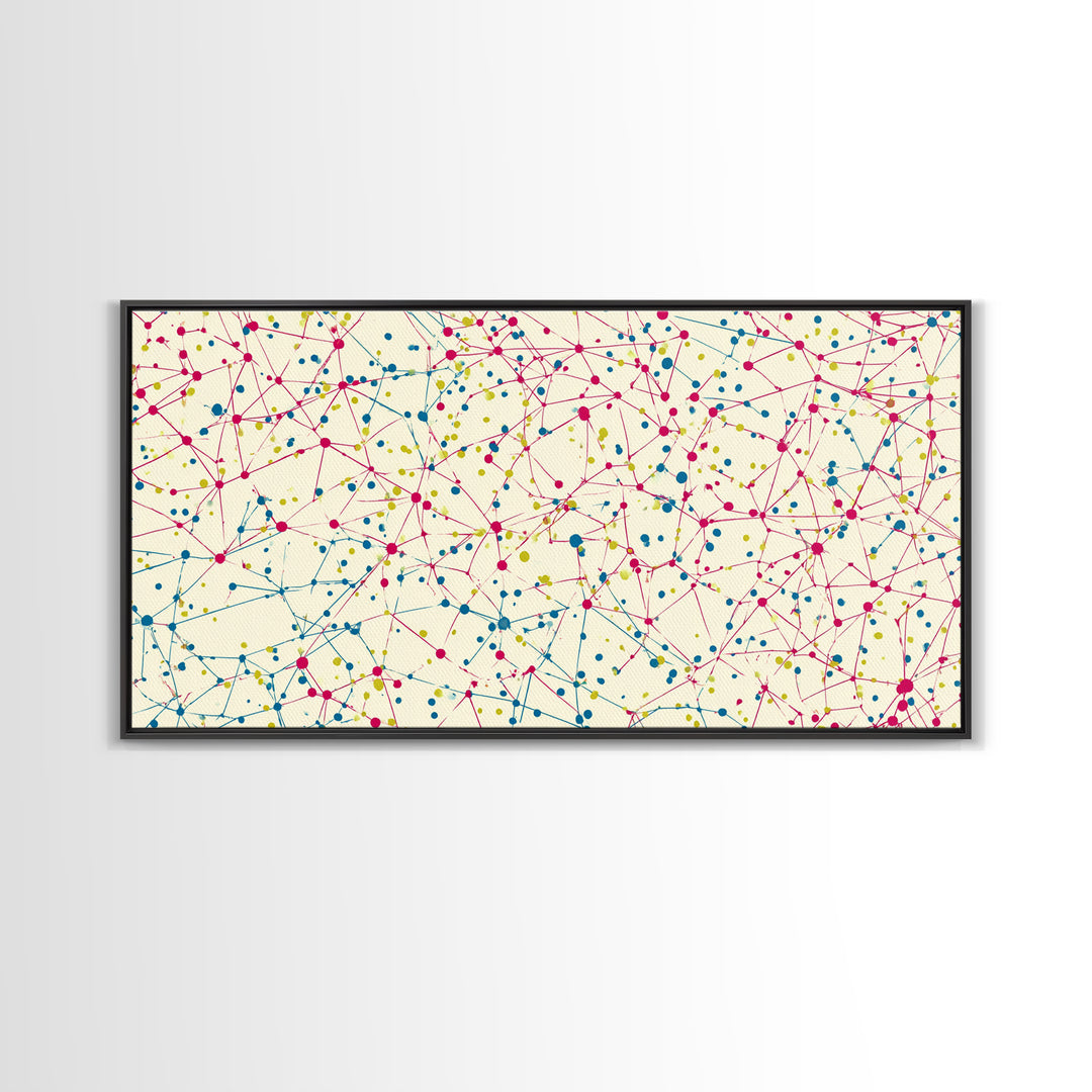 Pink Teal Yellow Connected Dot Pattern Canvas Print, Midcentury Modern Abstract Wall Art, Colorful Geometric Home Office Decor