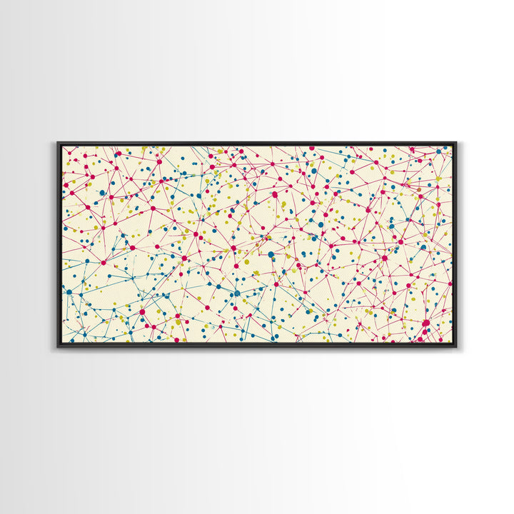 Pink Teal Yellow Connected Dot Pattern Canvas Print, Midcentury Modern Abstract Wall Art, Colorful Geometric Home Office Decor