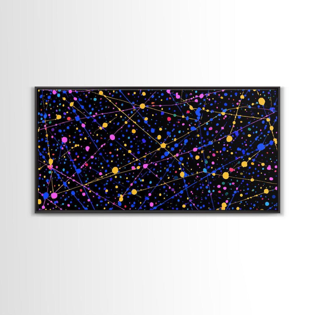 Black Cosmic Splatter Network With Pink Blue Gold Dots Wall Art, Retro Modern Abstract Art Print, Space Abstract Living Room Decor