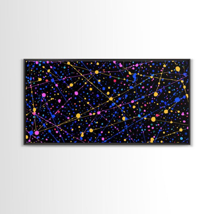 Black Cosmic Splatter Network With Pink Blue Gold Dots Wall Art, Retro Modern Abstract Art Print, Space Abstract Living Room Decor
