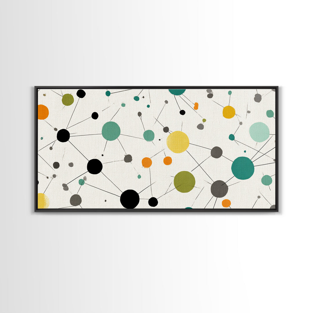 Teal Yellow Orange Atomic Circles Framed Canvas Print, Midcentury Modern Wall Art, Geometric Abstract Office And Home Decor