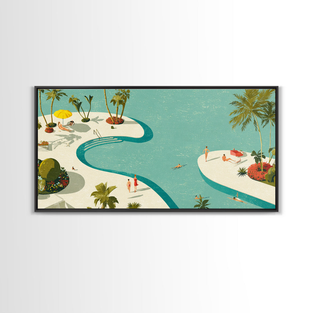 Retro Palm Resort Pool With Turquoise Lagoons Wall Art, Mid Century Modern Decor, MCM Travel Poster, Coastal Home Print Gift