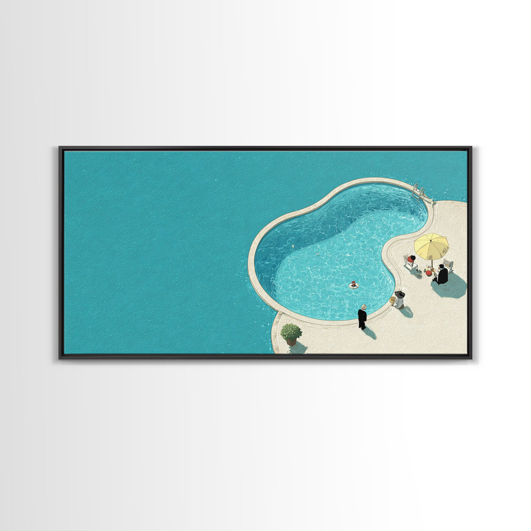 Minimal Aqua Kidney Pool With Umbrellas Canvas Print, Mid Century Modern Wall Decor, Retro Resort Poster, Coastal Pool Art
