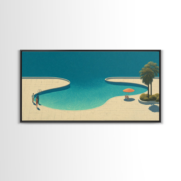 Serene Lagoon Pool With Palm And Umbrella Framed Canvas Print, Mid Century Modern Wall Decor, Retro Coastal Resort Art Poster