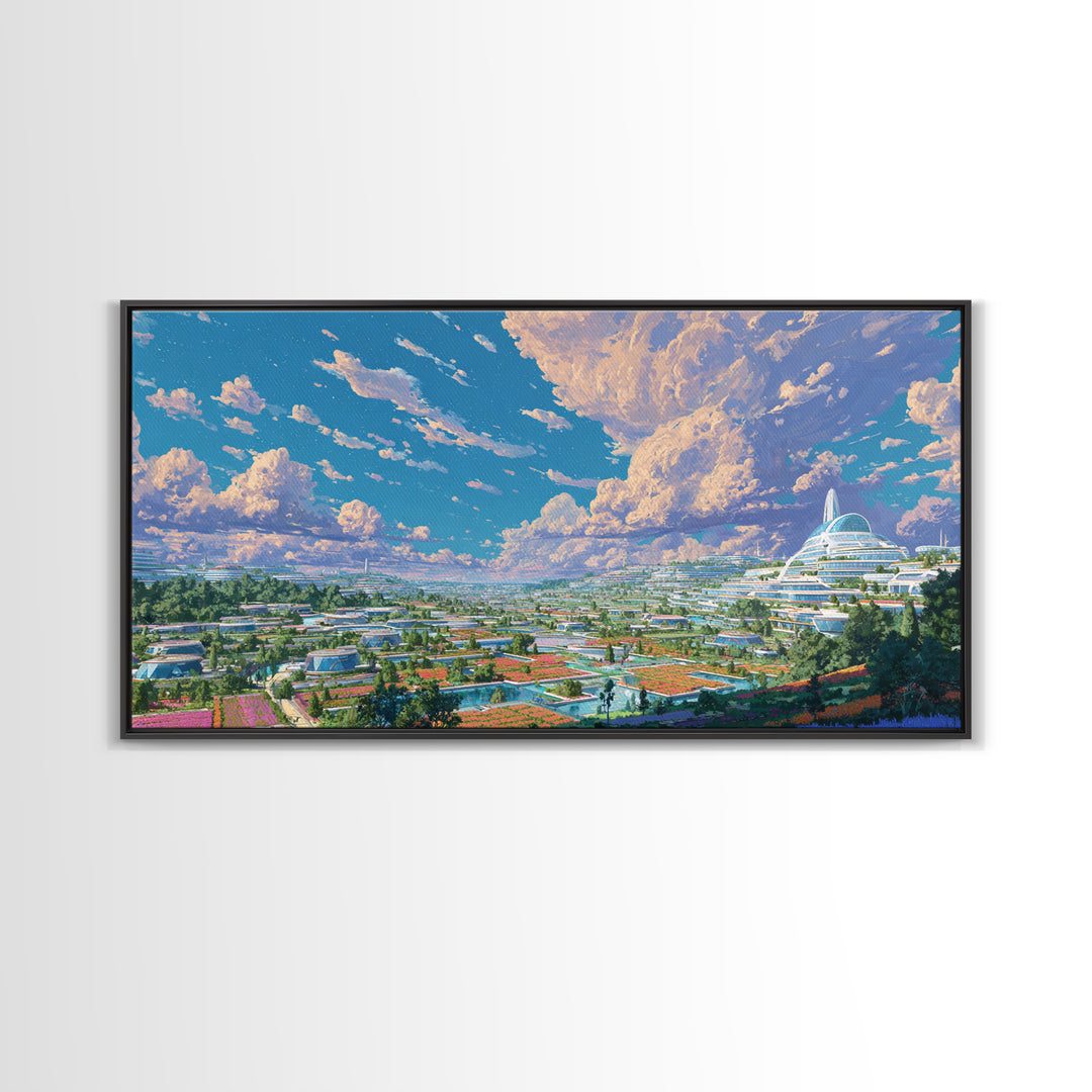 Futuristic Eco City Under Big Clouds Canvas Print, Sci Fi Landscape Wall Decor, Modern Utopia Poster, Panoramic Home Art