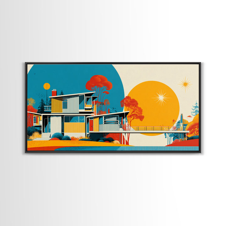 Midcentury House With Teal Arch And Golden Sun Wall Art, Mid Century Modern Decor, Retro Geometric Poster, Orange Print Gift