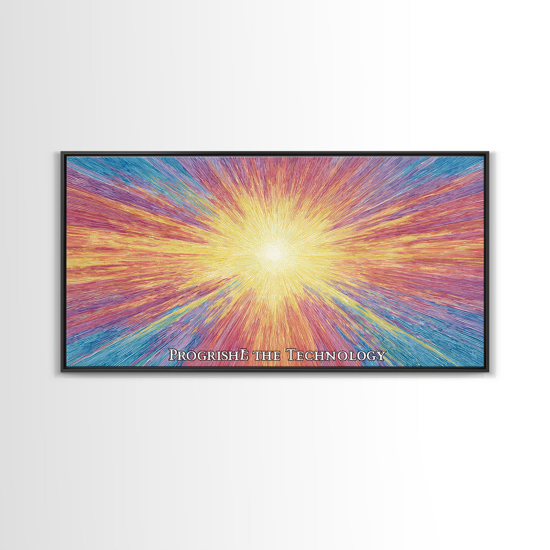 Golden Progress Technology Sunburst Wall Art, Psychedelic Op Art Print, Retro Futuristic Poster, Colorful Office Decor Gift