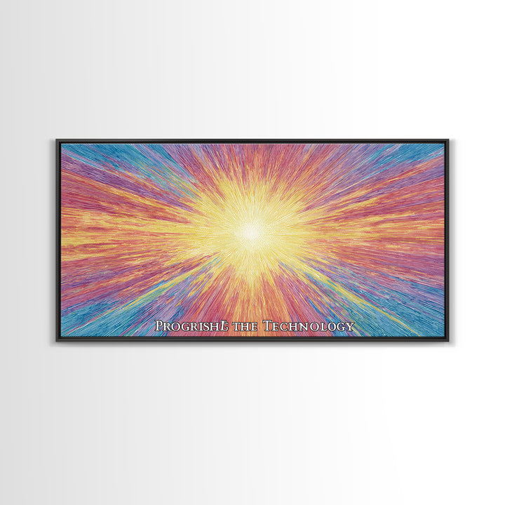 Golden Progress Technology Sunburst Wall Art, Psychedelic Op Art Print, Retro Futuristic Poster, Colorful Office Decor Gift